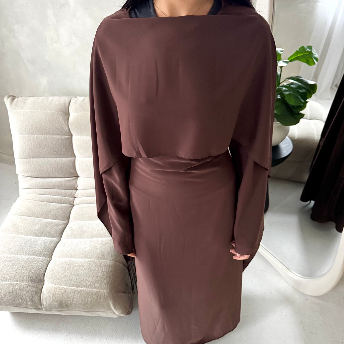 Marli Brown Tassel Edge Plain Cape Modest Dress