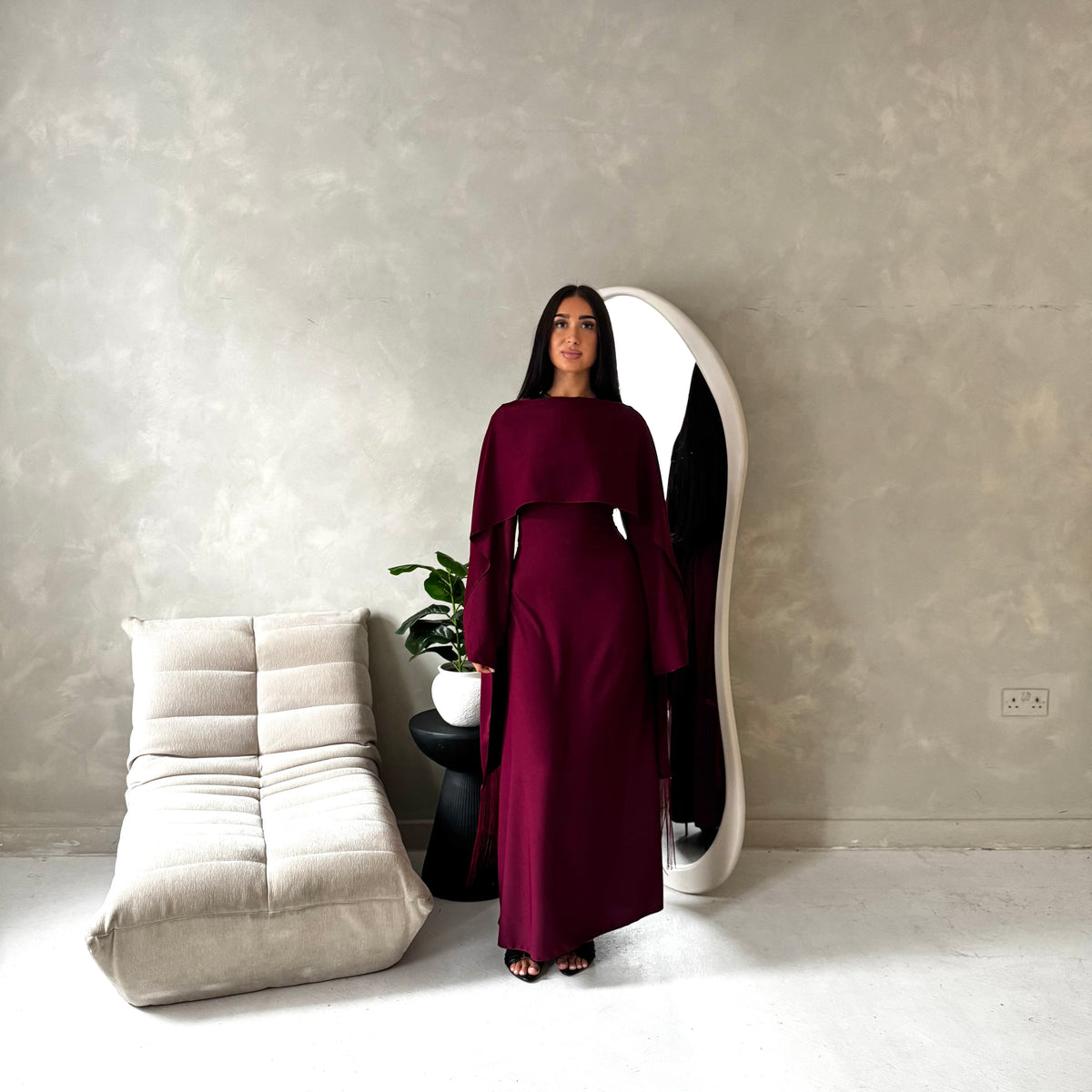 Marli Wine Tassel Edge Plain Cape Modest Dress