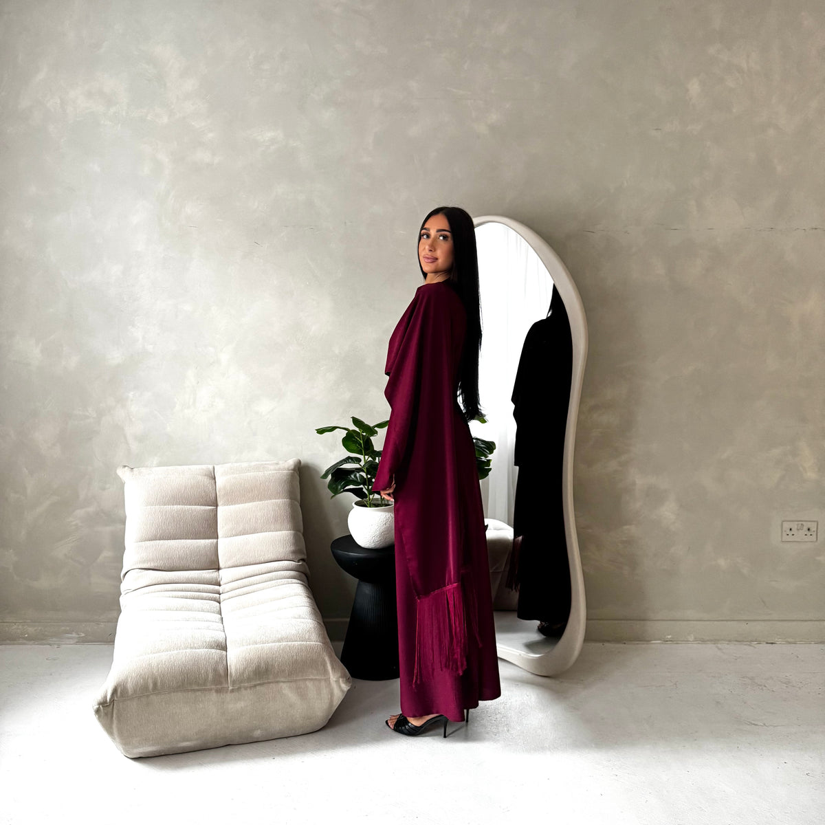 Marli Wine Tassel Edge Plain Cape Modest Dress