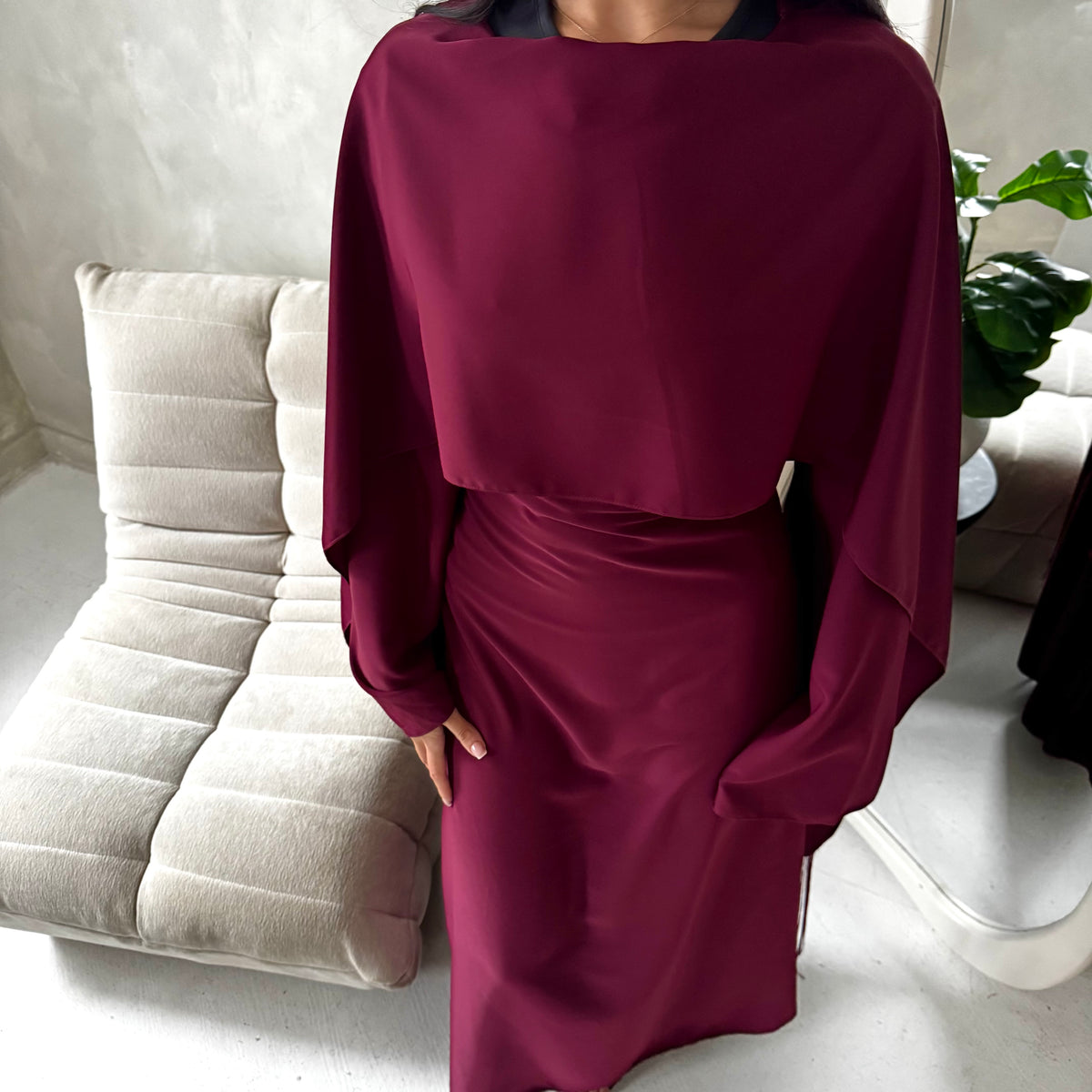 Marli Wine Tassel Edge Plain Cape Modest Dress