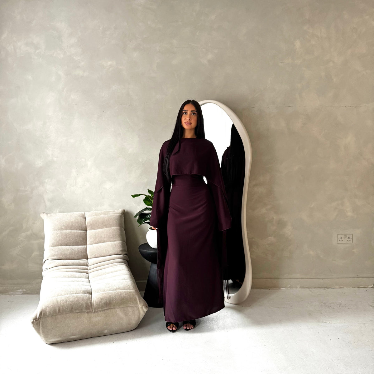 Marli Plum Tassel Edge Plain Cape Modest Dress