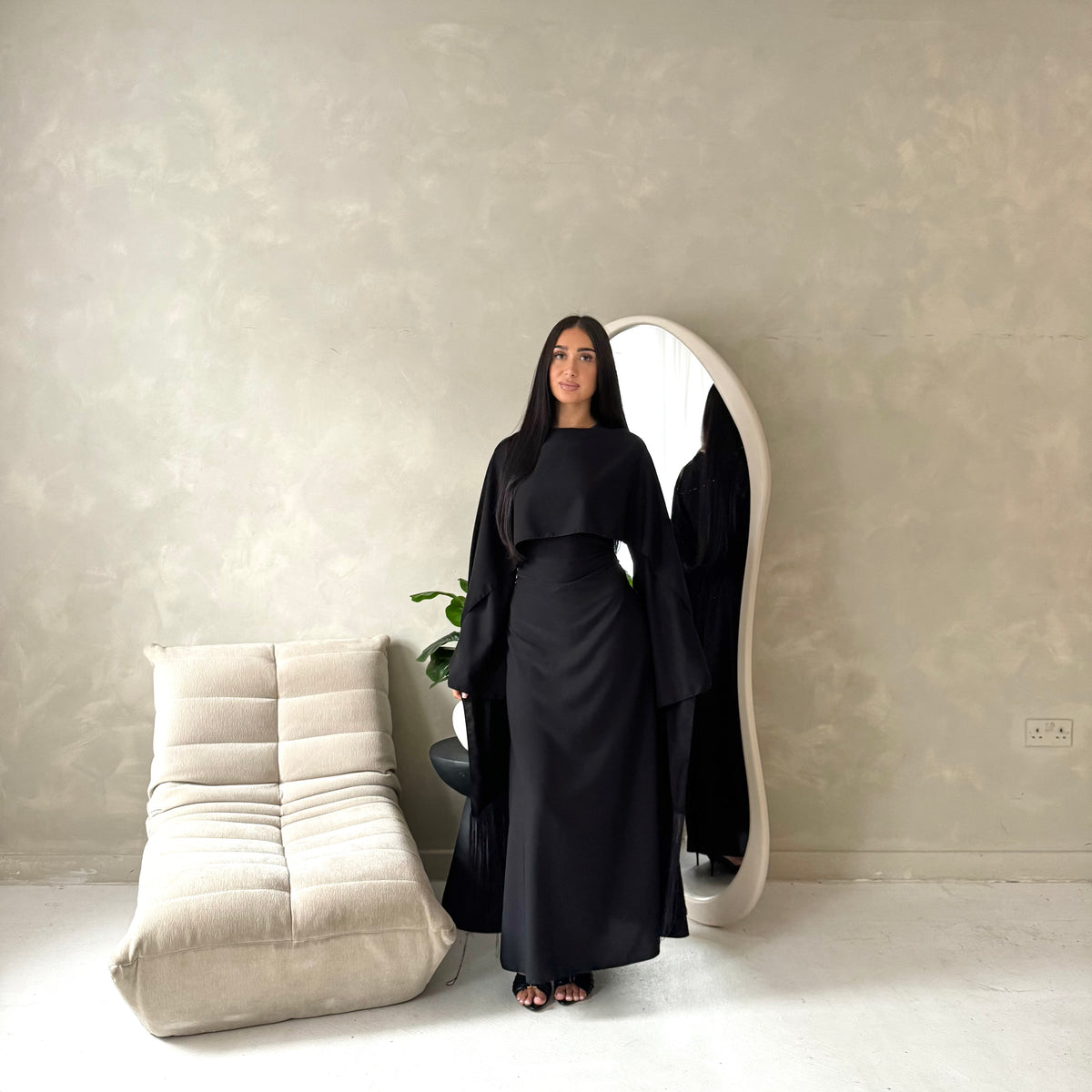 Marli Black Tassel Edge Plain Cape Modest Dress