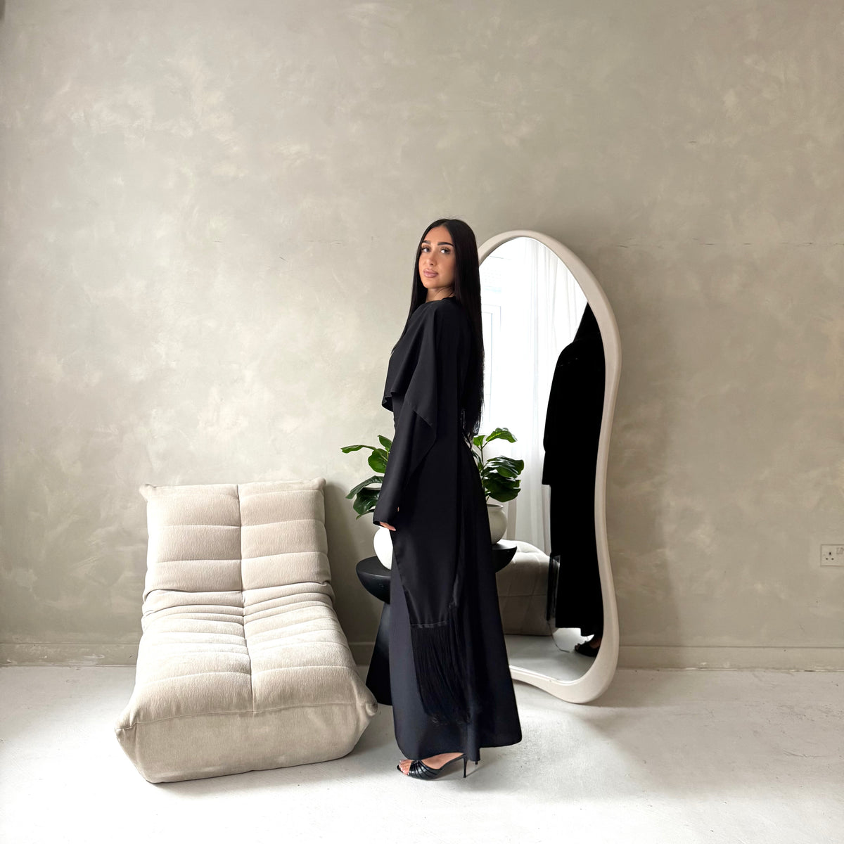 Marli Black Tassel Edge Plain Cape Modest Dress