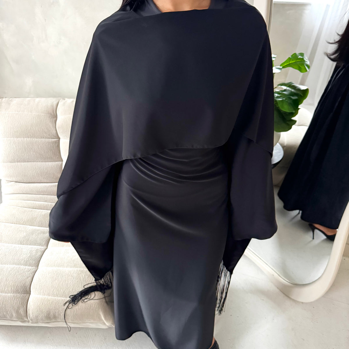 Marli Black Tassel Edge Plain Cape Modest Dress