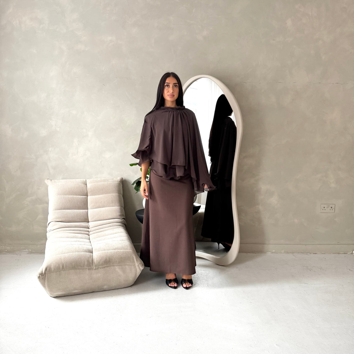 Raina Brown Cape Overlay High Neck Modest Dress