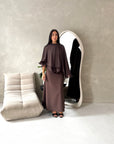 Raina Brown Cape Overlay High Neck Modest Dress