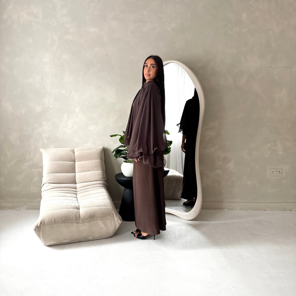 Raina Brown Cape Overlay High Neck Modest Dress