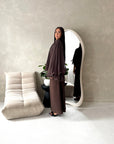Raina Brown Cape Overlay High Neck Modest Dress