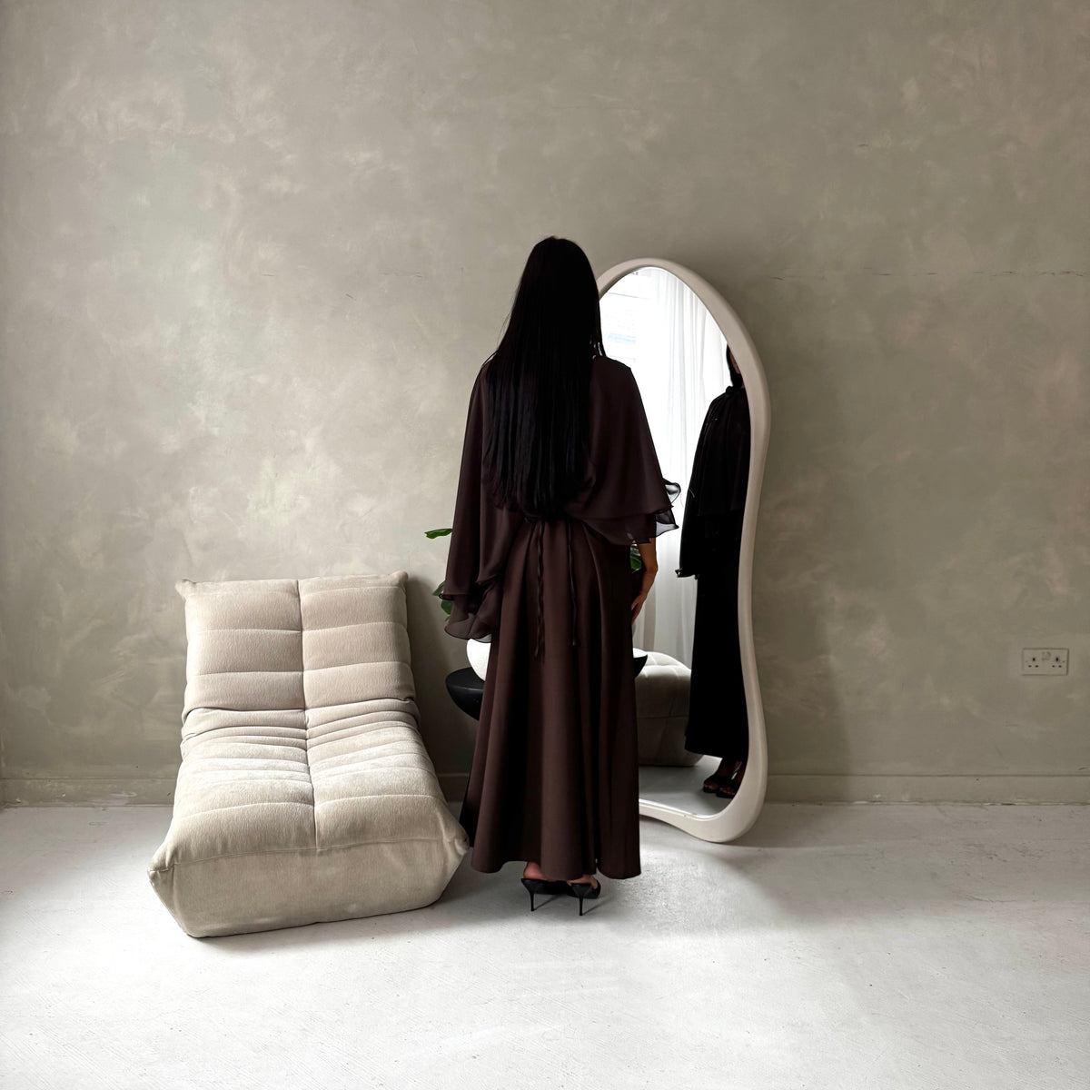 Raina Brown Cape Overlay High Neck Modest Dress