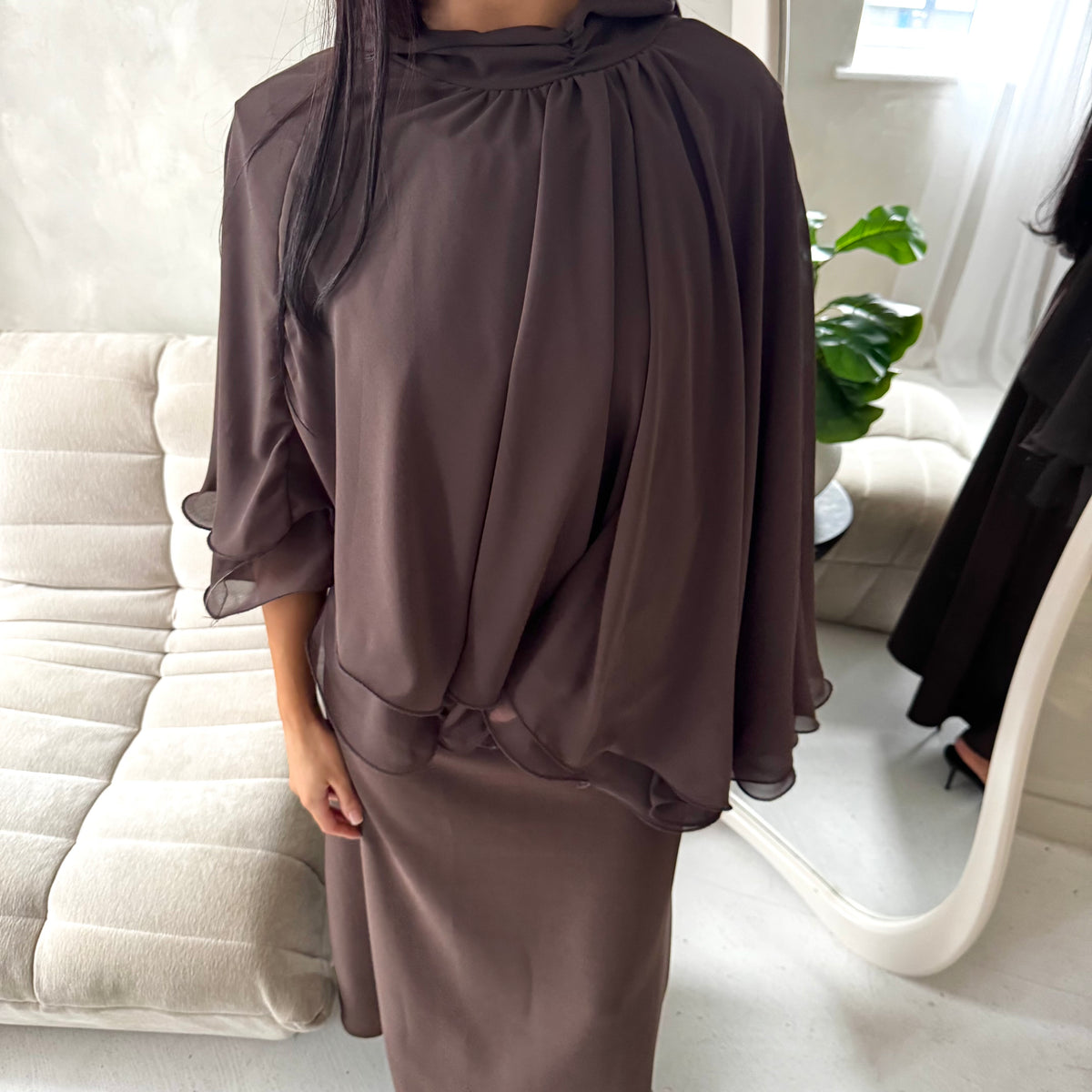 Raina Brown Cape Overlay High Neck Modest Dress