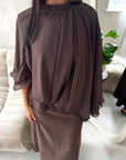 Raina Brown Cape Overlay High Neck Modest Dress