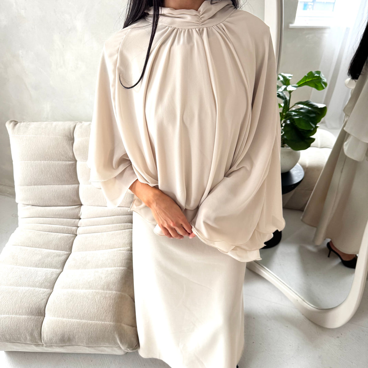 Raina Beige Cape Overlay High Neck Modest Dress