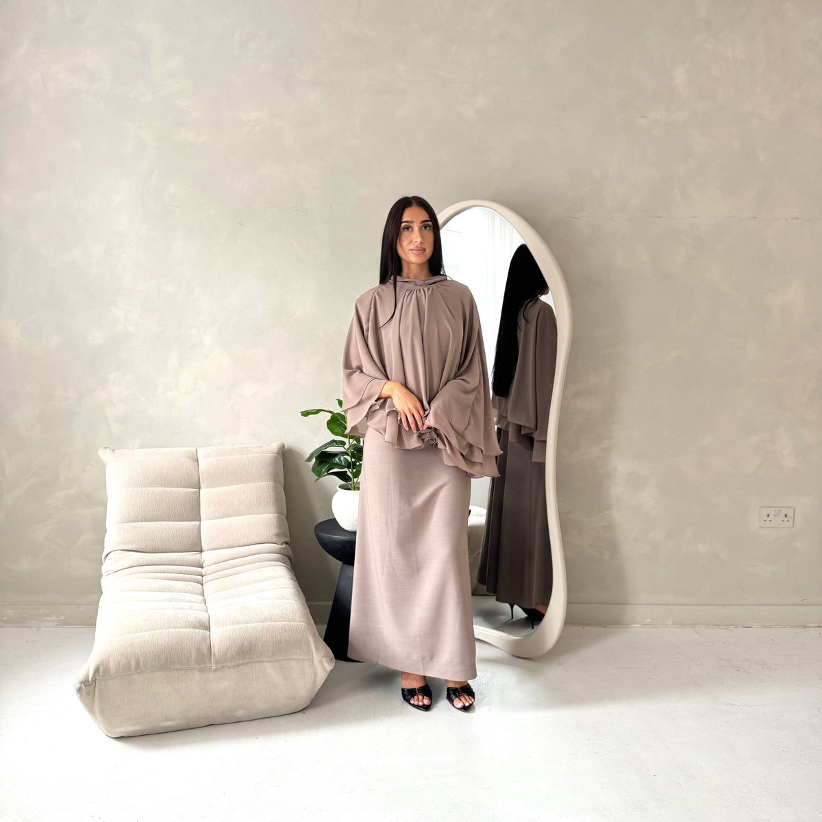 Raina Mocha Cape Overlay High Neck Modest Dress
