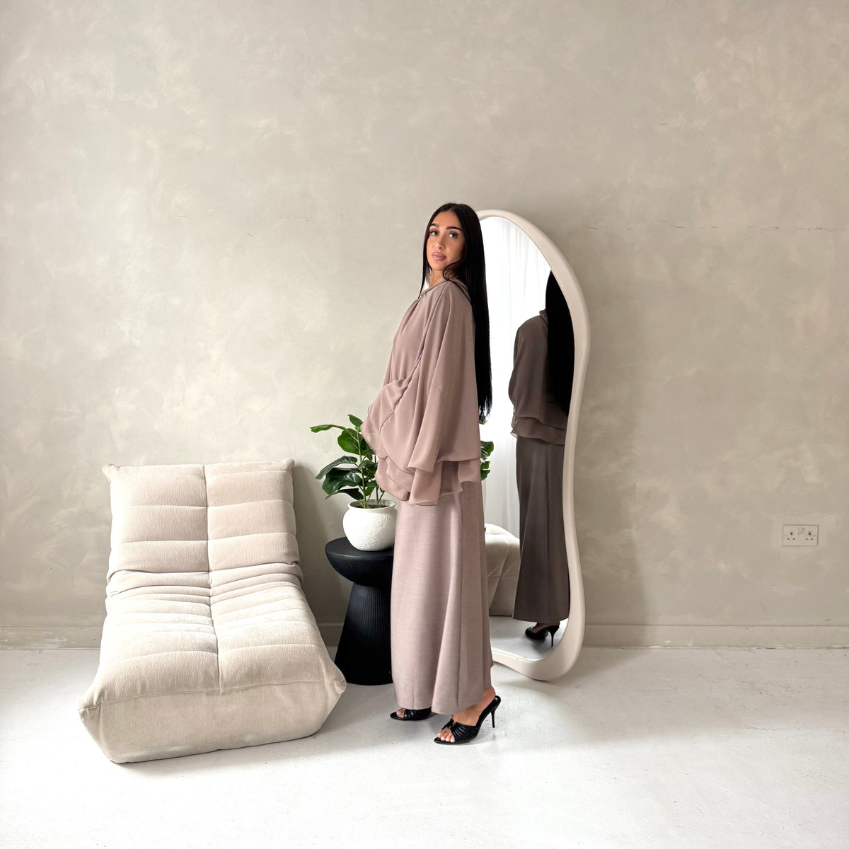 Raina Mocha Cape Overlay High Neck Modest Dress