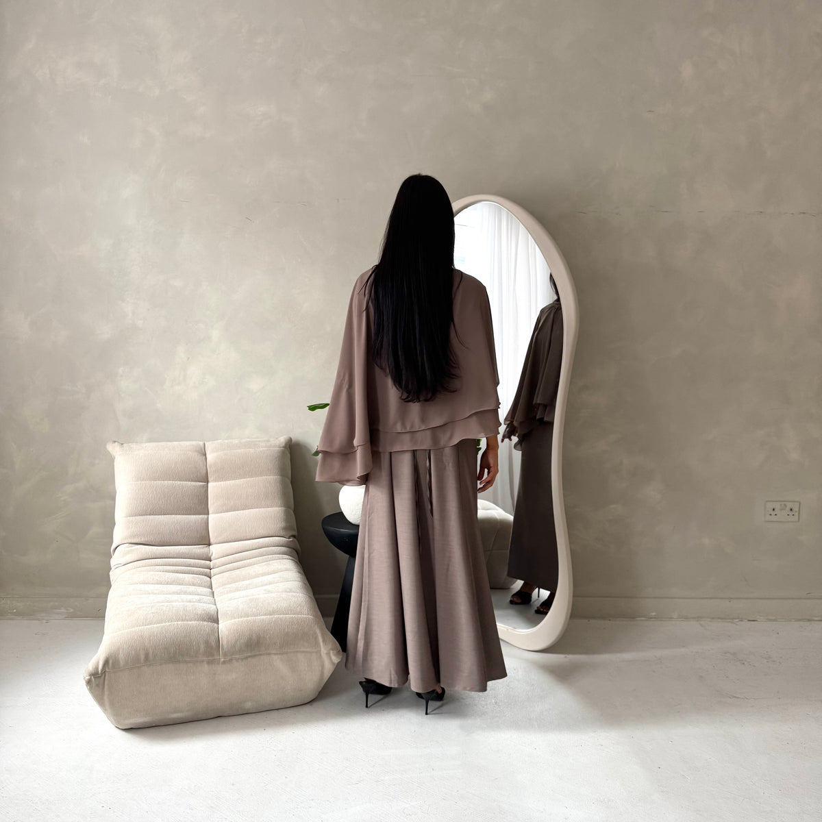 Raina Mocha Cape Overlay High Neck Modest Dress