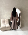 Raina Mocha Cape Overlay High Neck Modest Dress