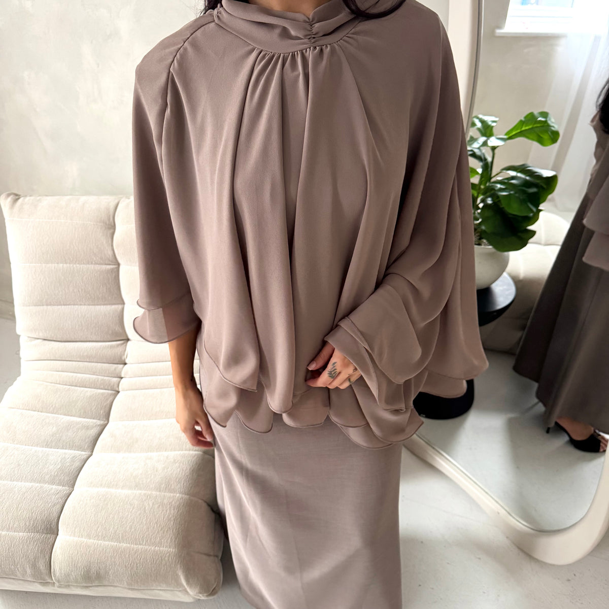 Raina Mocha Cape Overlay High Neck Modest Dress