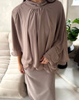 Raina Mocha Cape Overlay High Neck Modest Dress