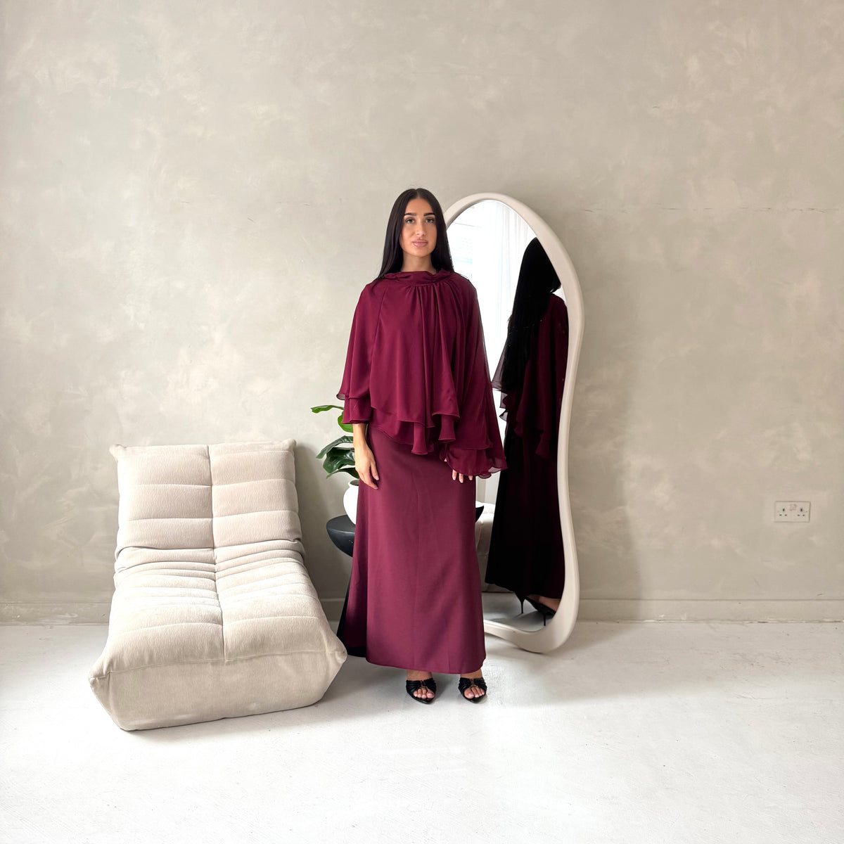 Raina Wine Cape Overlay High Neck Modest Dress