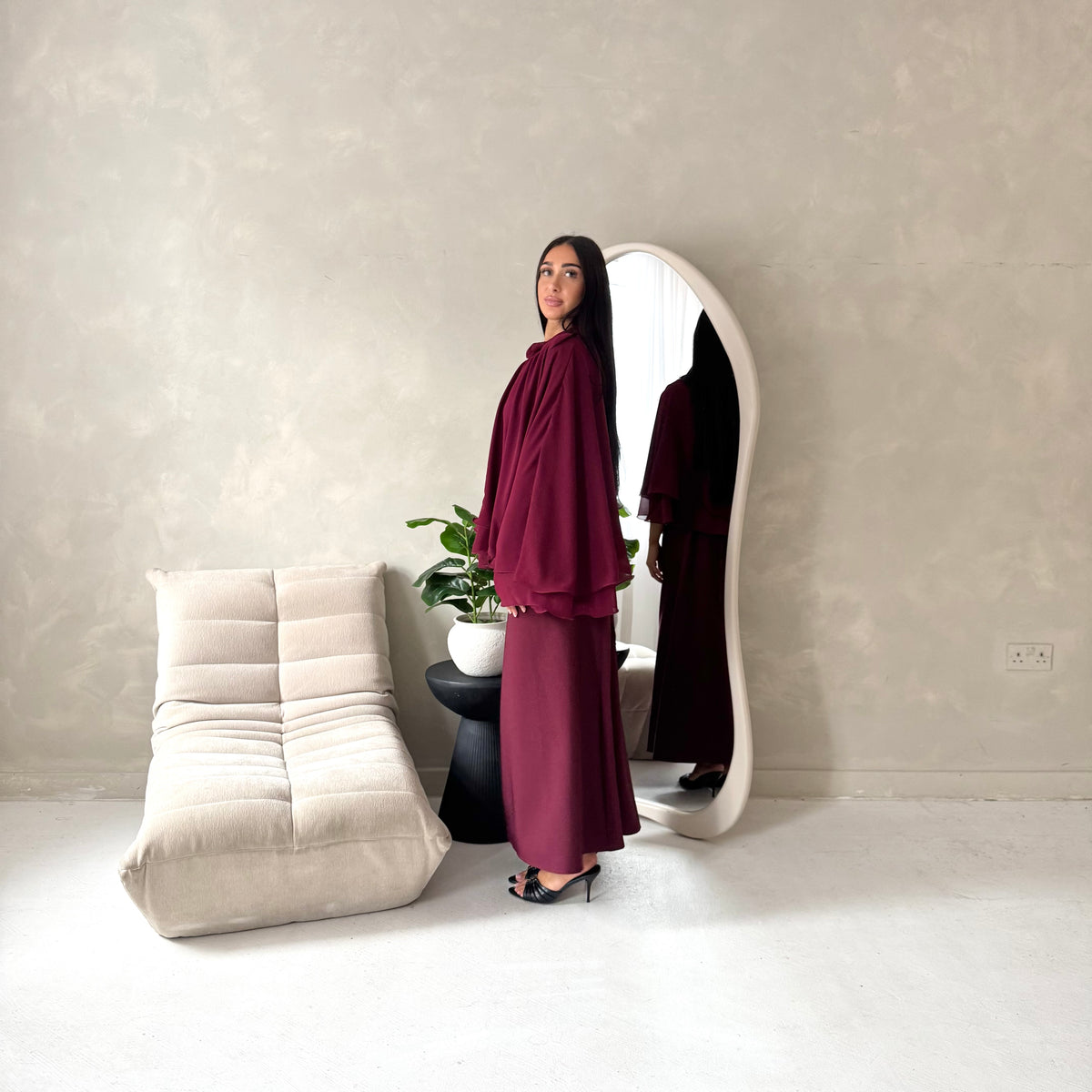 Raina Wine Cape Overlay High Neck Modest Dress