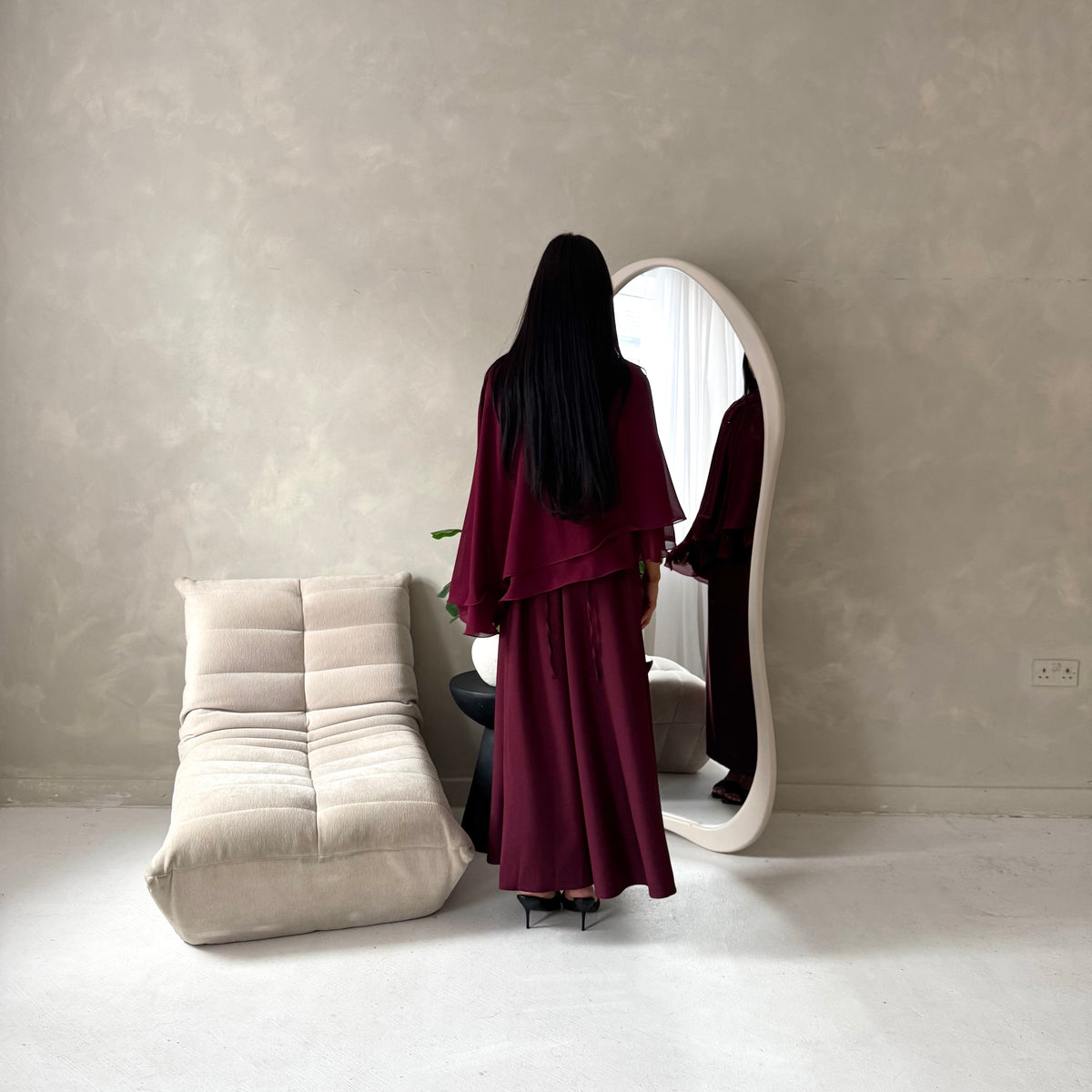 Raina Wine Cape Overlay High Neck Modest Dress