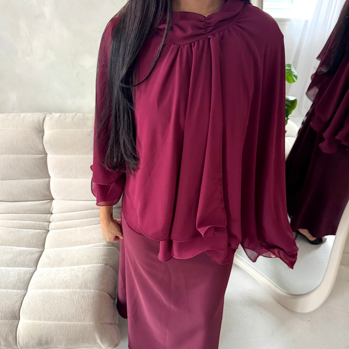 Raina Wine Cape Overlay High Neck Modest Dress
