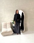 Raina Black Cape Overlay High Neck Modest Dress