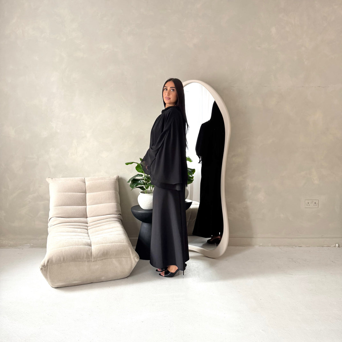 Raina Black Cape Overlay High Neck Modest Dress