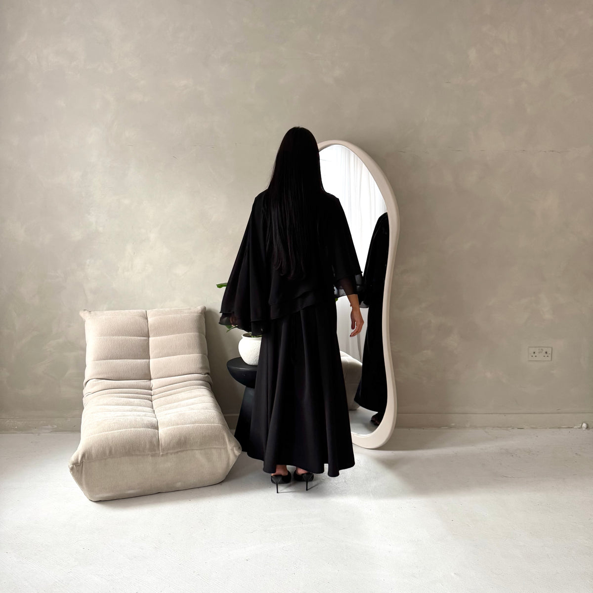 Raina Black Cape Overlay High Neck Modest Dress