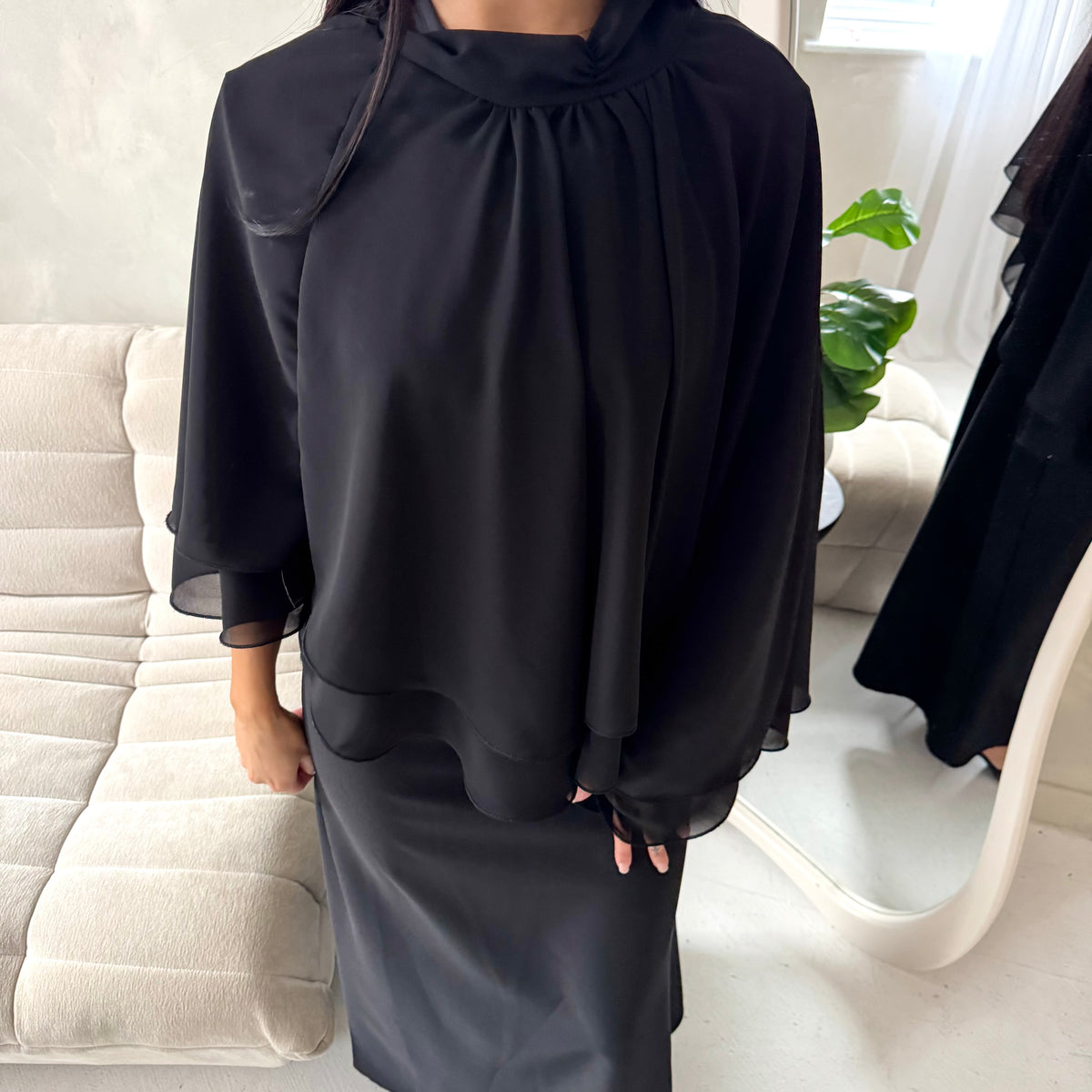 Raina Black Cape Overlay High Neck Modest Dress