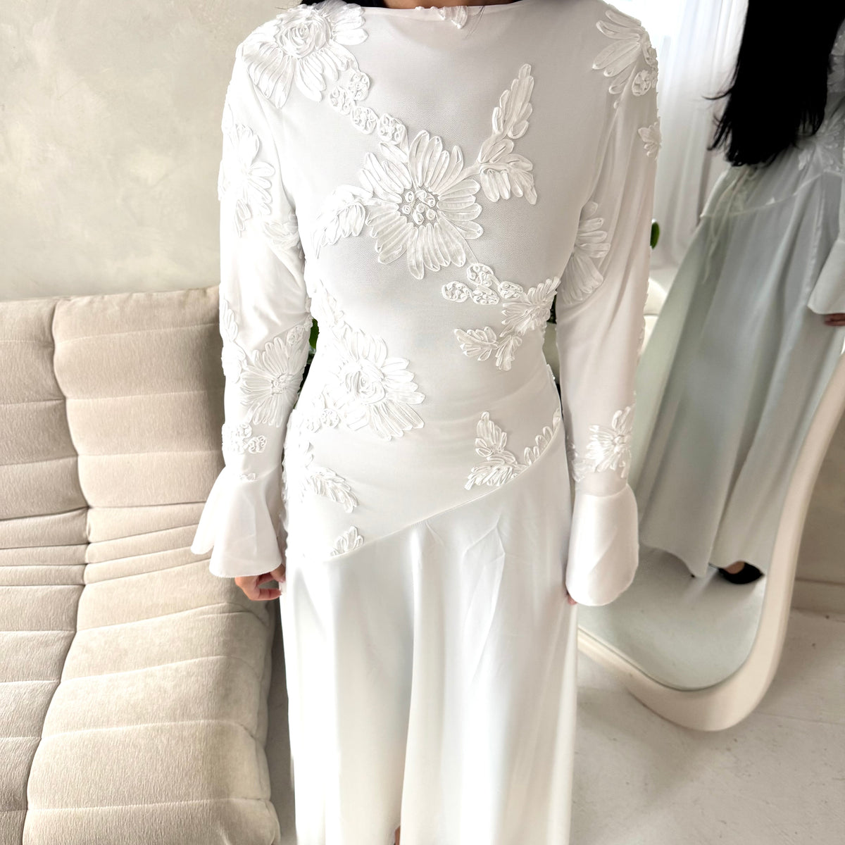 Iva White Floral Mesh Top Modest Dress