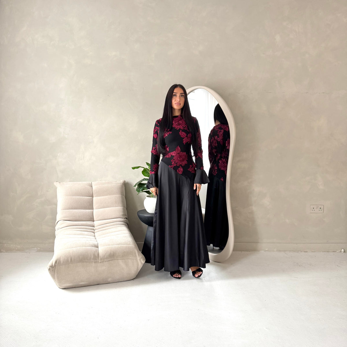Iva Black With Red Floral Mesh Top Modest Dress