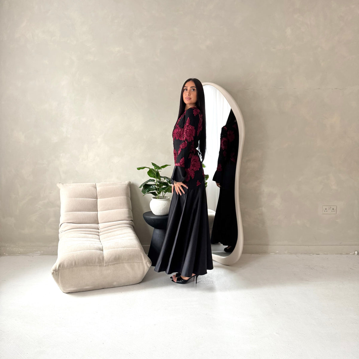 Iva Black With Red Floral Mesh Top Modest Dress