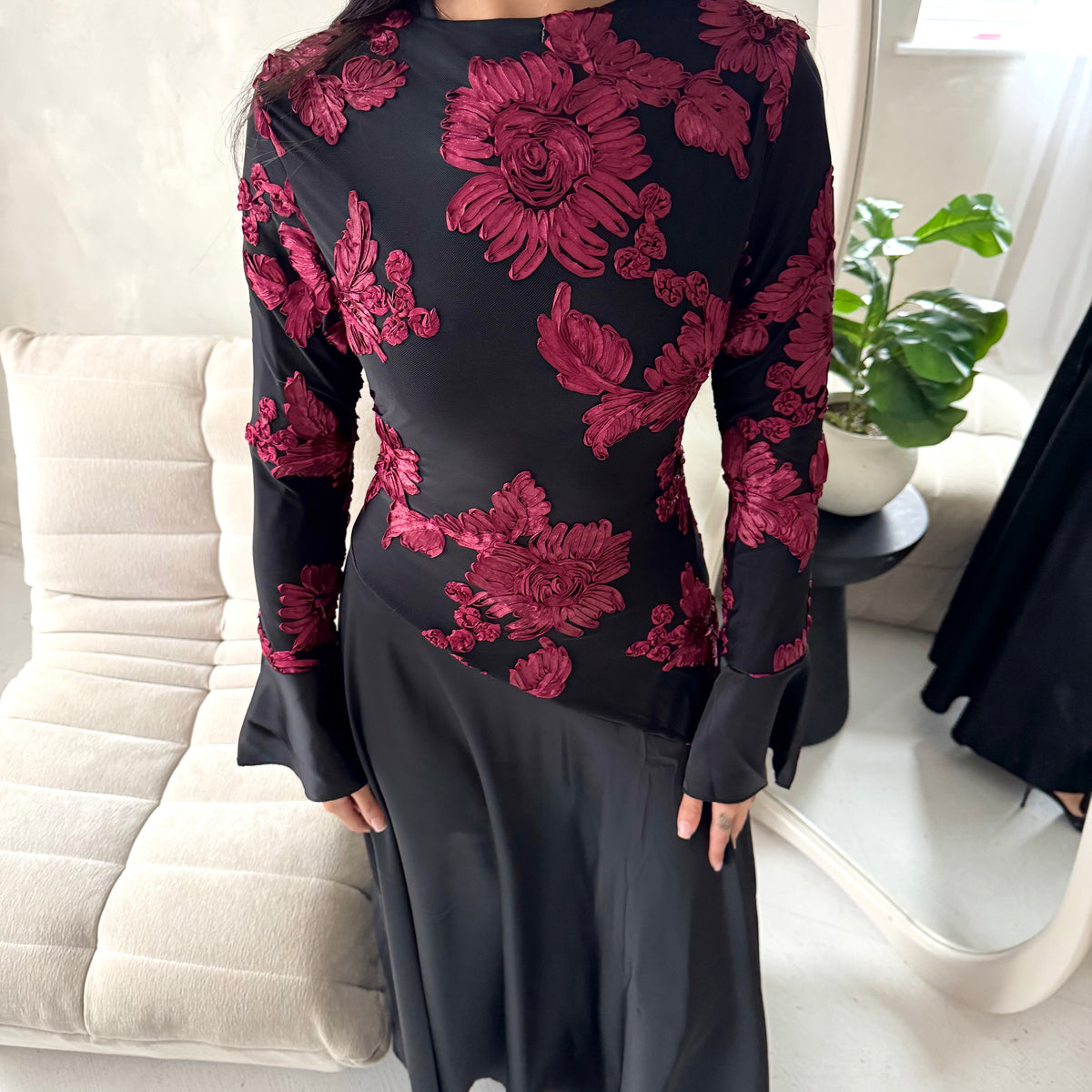 Iva Black With Red Floral Mesh Top Modest Dress