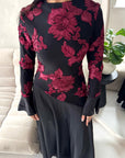 Iva Black With Red Floral Mesh Top Modest Dress