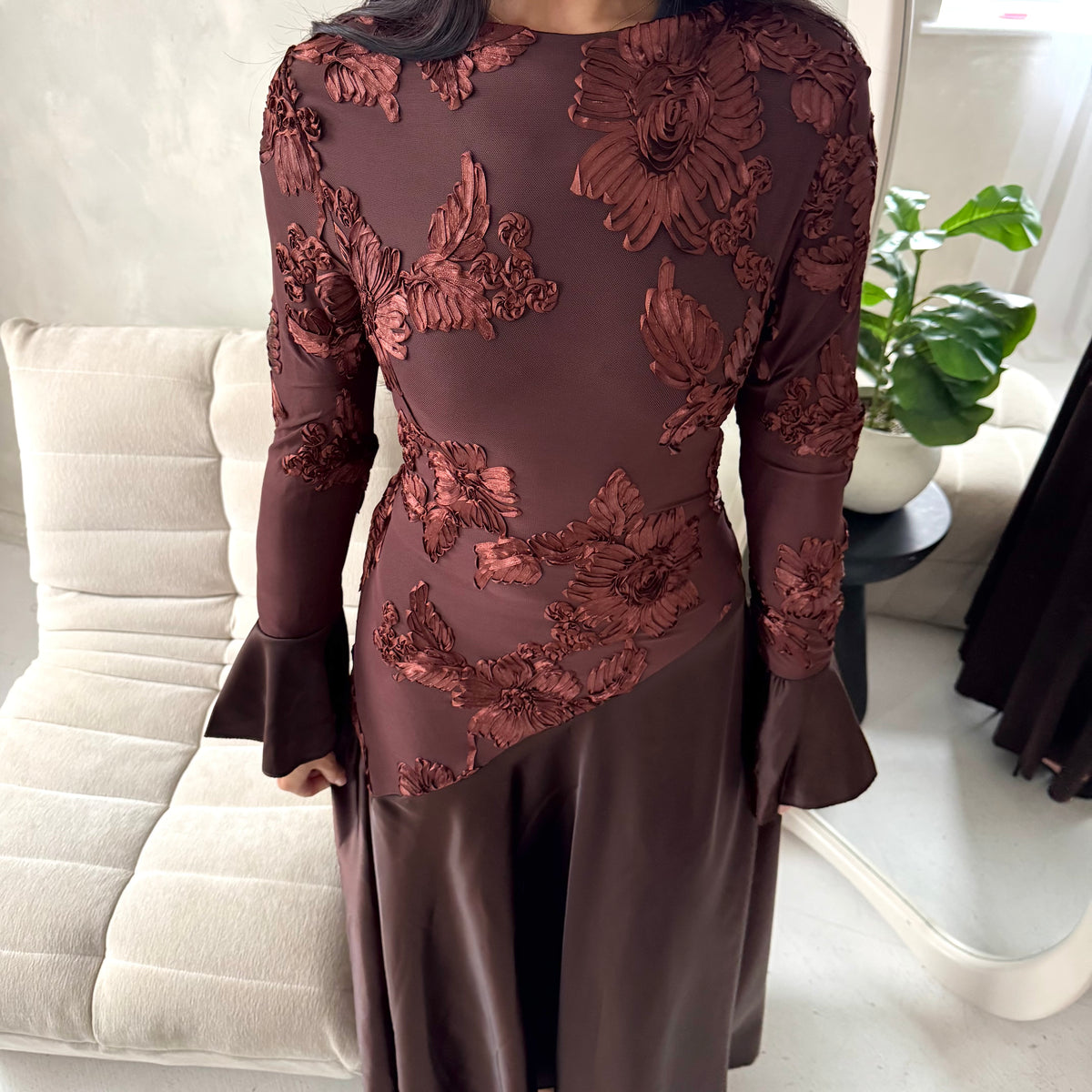 Iva Brown Floral Mesh Top Modest Dress