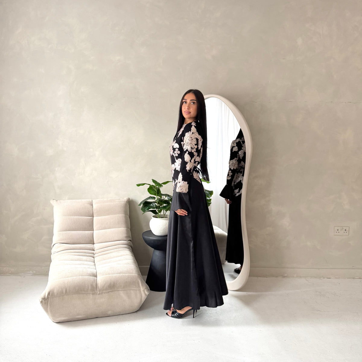 Iva Black With Gold Floral Mesh Top Modest Dress
