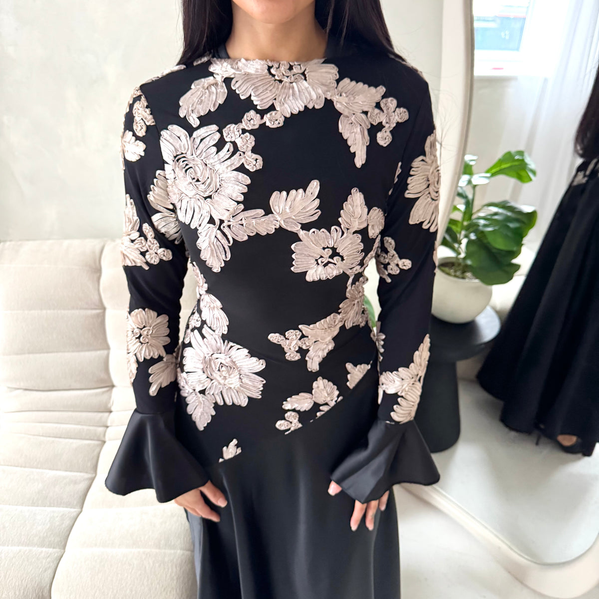 Iva Black With Gold Floral Mesh Top Modest Dress
