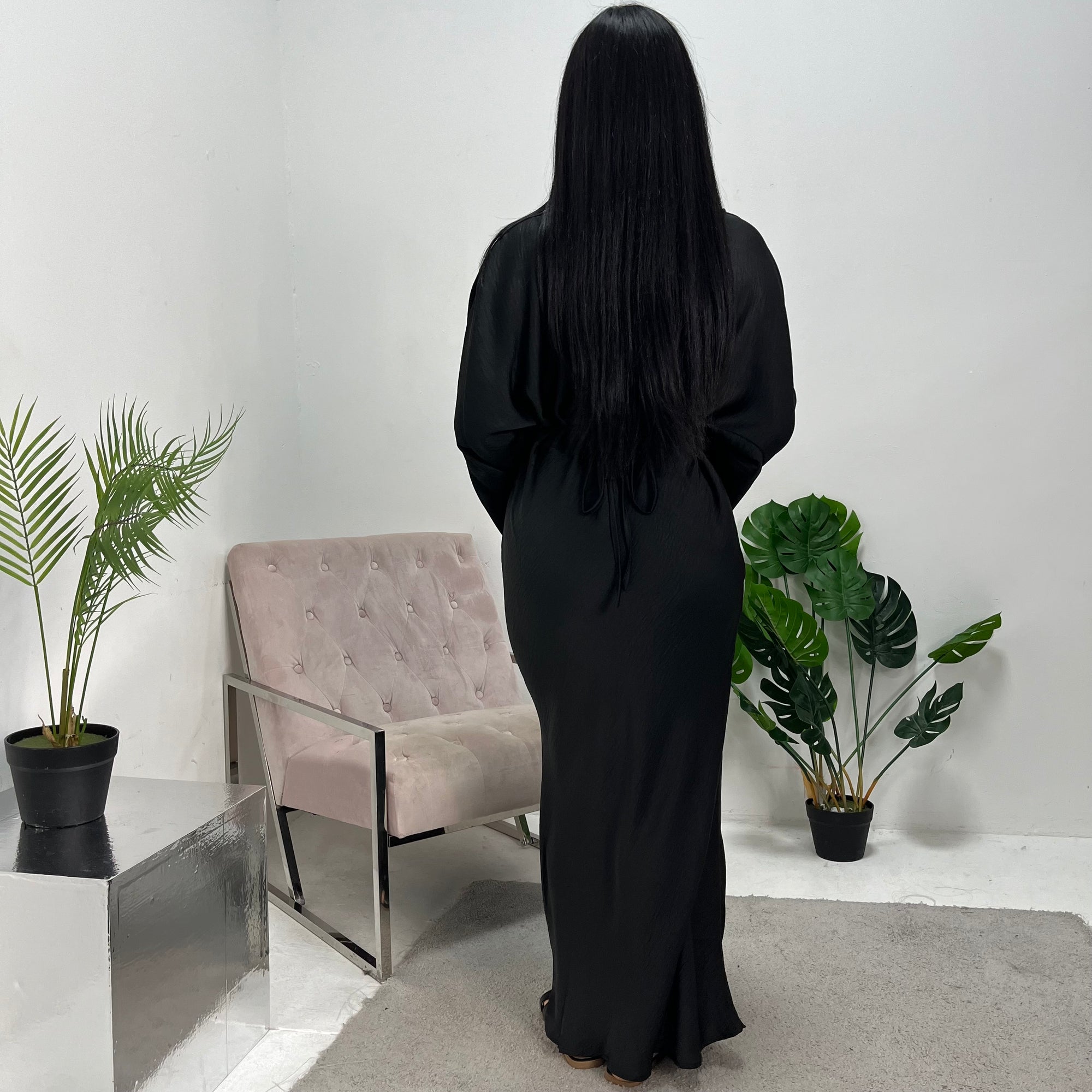 black satin dress modest Modest Black Satin Sheath/Column Long Sleeve Maxi Dress