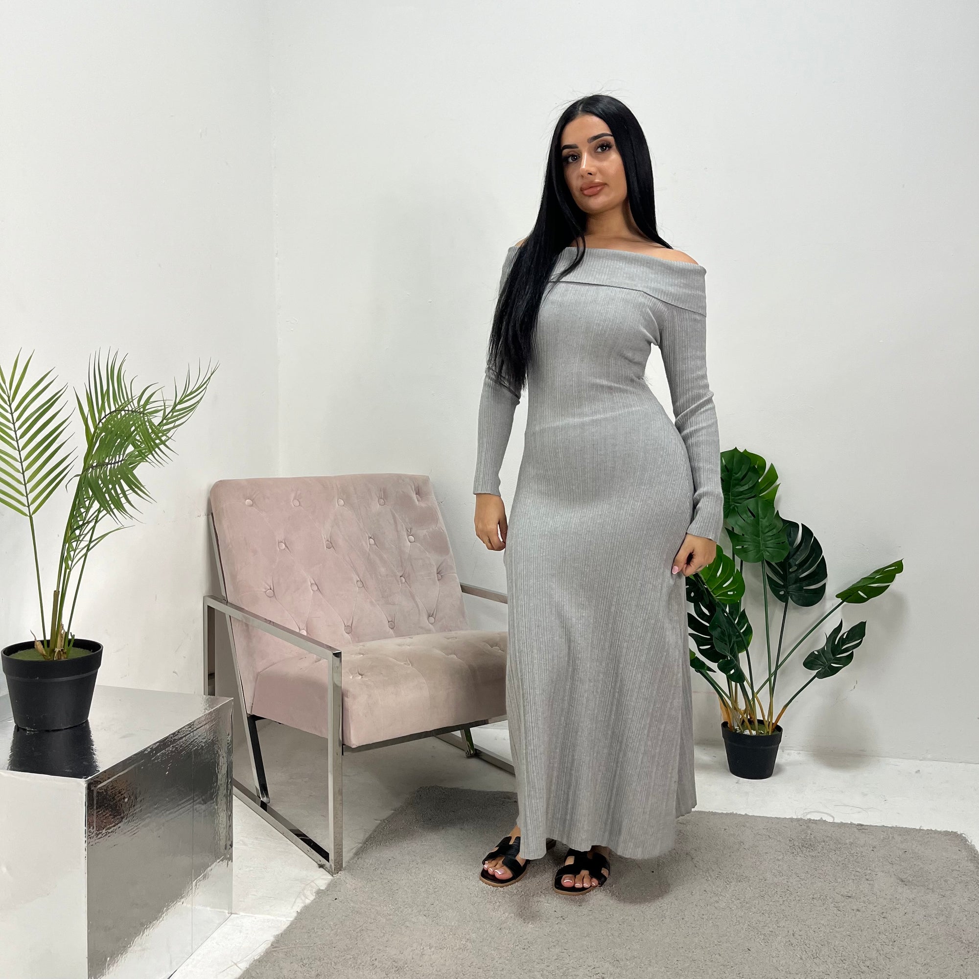 Tajia Grey Ribbed Off Shoulder Fine Knitted Dress House Of Haniya Tajia Grey Ribbed Off Shoulder Fine Knitted Dress House Of Haniya