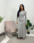 Tajia Grey Ribbed Off Shoulder Fine Knitted Dress