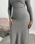 Tajia Grey Ribbed Off Shoulder Fine Knitted Dress