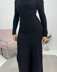 Tajia Black Ribbed Off Shoulder Fine Knitted Dress