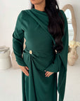 Nevin Emerlad Green Gold Buckle One Side Drape Dress