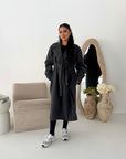 Kaira Dark Grey Collar Buttoned Belted Coat