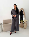 Dina Dark Grey V Neck Pleated Co Ord Set