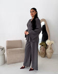 Dina Dark Grey V Neck Pleated Co Ord Set