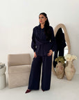 Freya Navy Shirt Wrap Gold button Trouser Co Ord Set