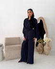 Freya Navy Shirt Wrap Gold button Trouser Co Ord Set
