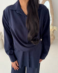 Freya Navy Shirt Wrap Gold button Trouser Co Ord Set